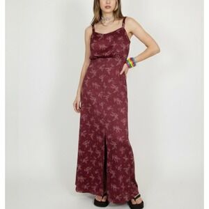 Vintage Lorrie Deb Burgundy Floral Slit Front Y2K Maxi Dress Small